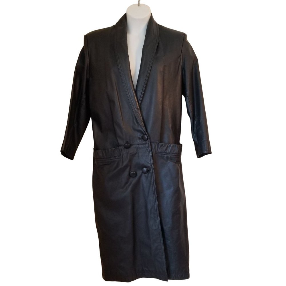 Vtg Pelle Club S Black Leather Trench Coat Oversized Slouch Structured Cyberpunk